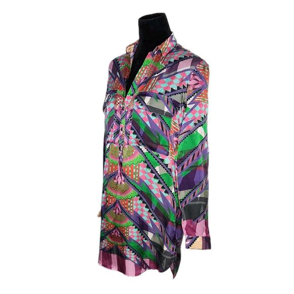 Custo Barcelona Multicolor Geometric Shirt Dress Long Sleeve Silk Blend Size 36 - Picture 2 of 9